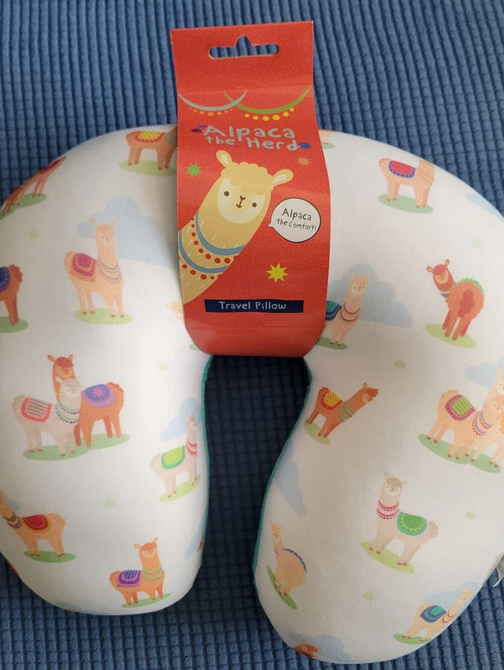 Travel Neck Pillow Llama Print - White & Teal NWT